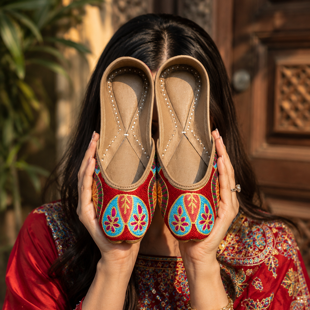Red phulkari Punjabi jutti with colourful traditional embroidery