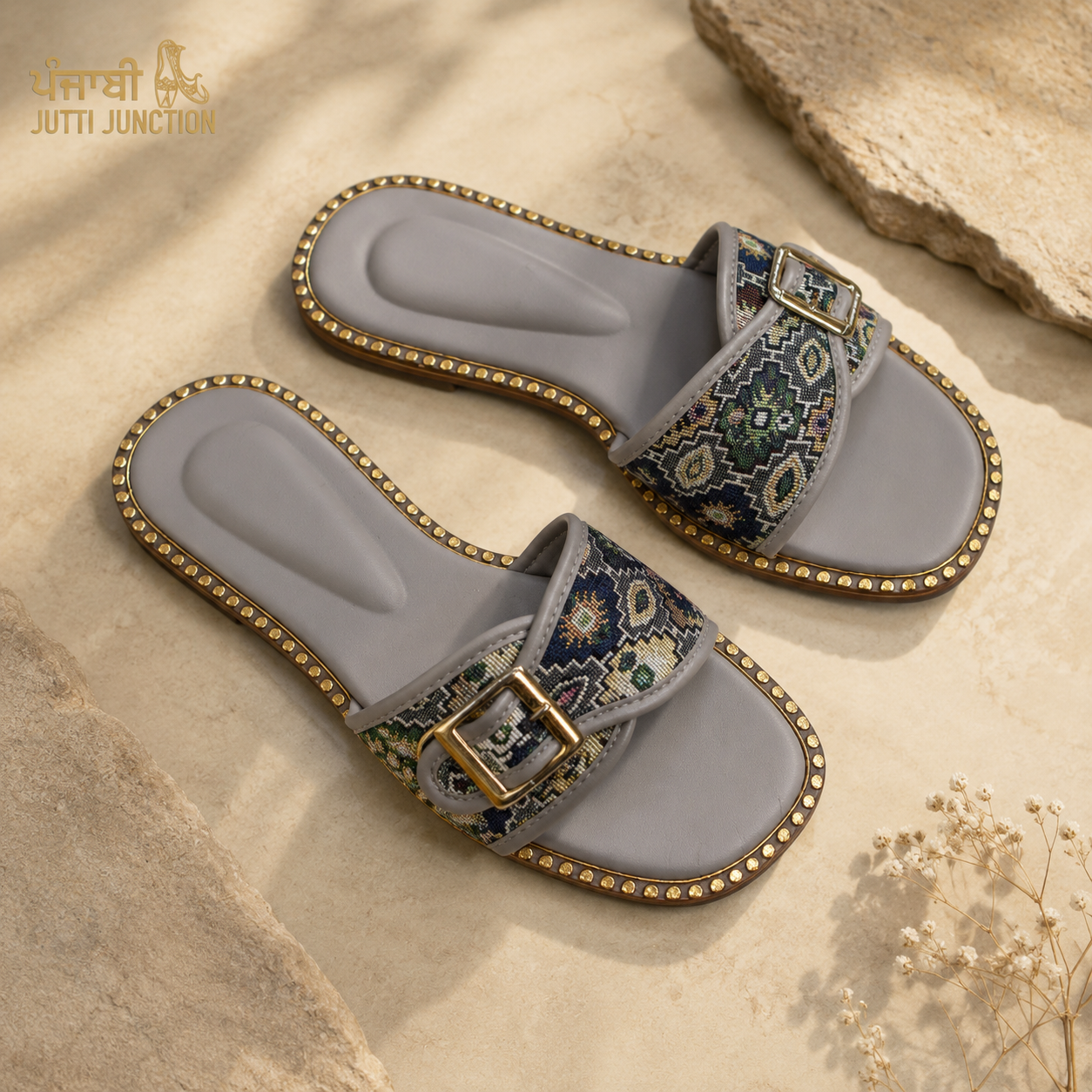 Royal Mosaic Comfort Slides – Grey